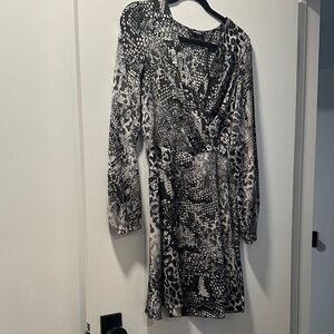 Express Black & White Animal Print Long Sleeve Wrap Dress